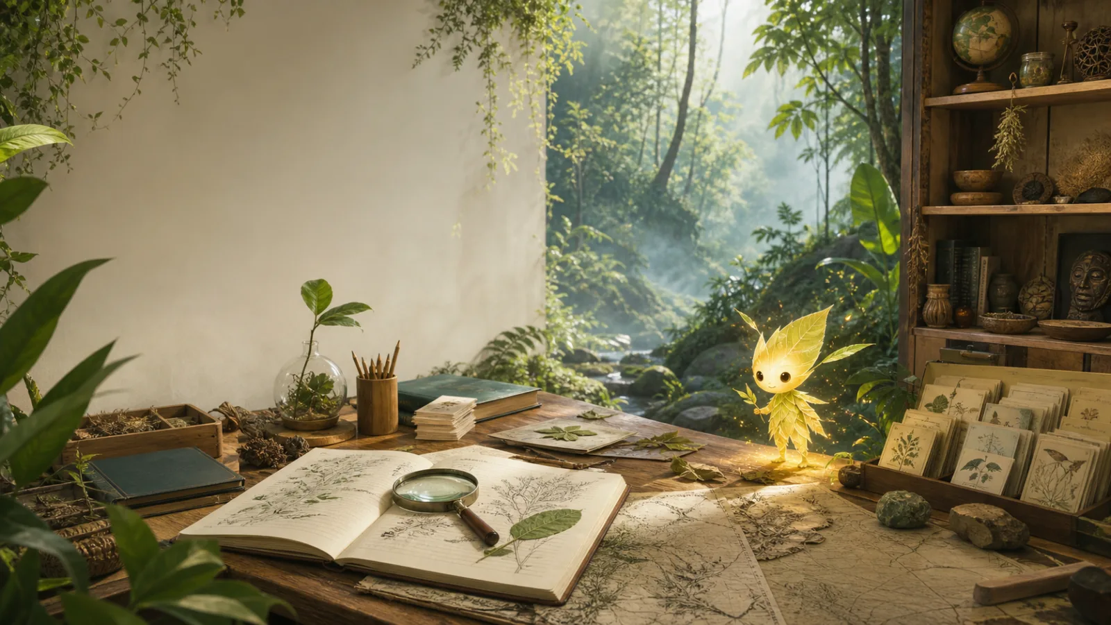 阳光穿过森林照进自然观察室,桌上放着植物笔记、地图和放大镜